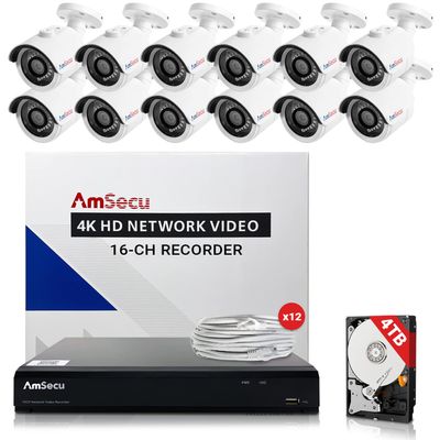 AmSecu Network Video Recorder 1080P UltraHD 4K NVR Kit, (1) 16CH POE NVR & (12) UltraHD 4K 8MP 3.6mm Lens POE Bullet Cameras, Included 4TB Hard Drive, Day and Night Vision IR IP66 Weatherproof H.265