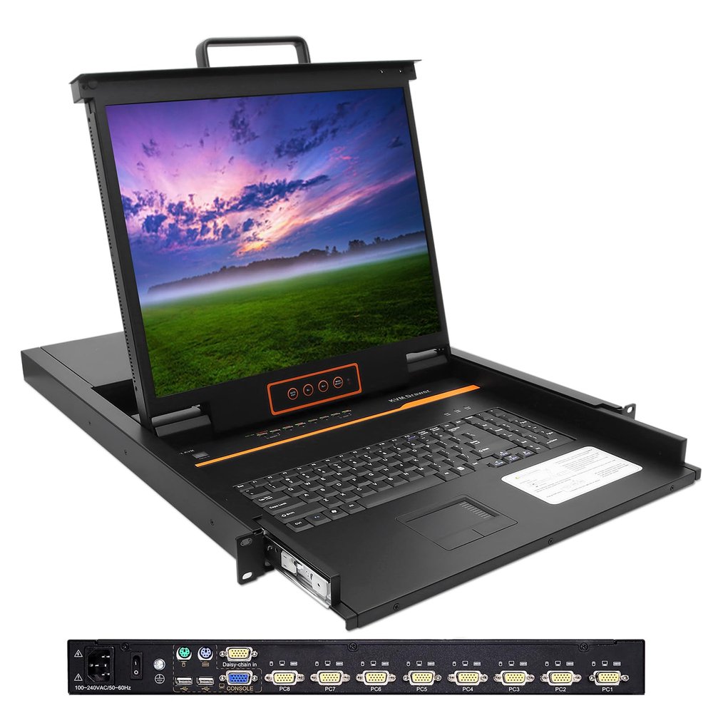 1U Rack Mount KVM Console Built-in 8 Port VGA KVM Switch, 19" Rackmount Monitor Keyboard Touchpad, OSD/Hotkey/Button Switch,1280X1024@60Hz 5:4 Ratio, Incl. Cables,Compatible with Windows,Linux,Mac,Sun