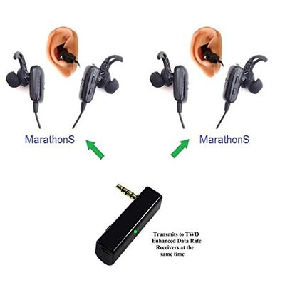 KOKKIA iSplitter_Plus_2MarathonS: iAdapter Multi-Stream iSplitter 3.5mm Universal Bluetooth Stereo Transmitter Plus 2 Tiny Marathons Bluetooth Stereo Headsets (Music and Voice).