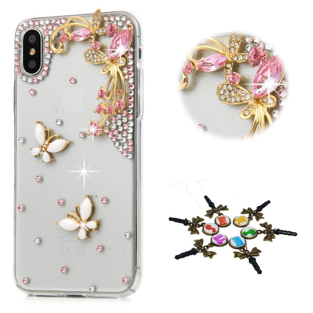 STENES Bling Phone Case Compatible with iPhone Xs Max Case - Stylish - 100+ Bling Crystal - 3D Bling Handmade Pretty Butterfly Design Cover Compatible with iPhone Xs Max 6.5 inch - Pink