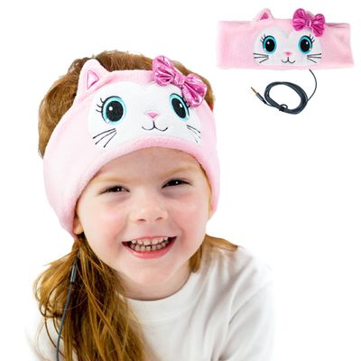 CozyPhones Over The Ear Headband Headphones - Kids Headphones Volume Limited with Thin Speakers & Super Soft Fleece Headband - Pink Kitty