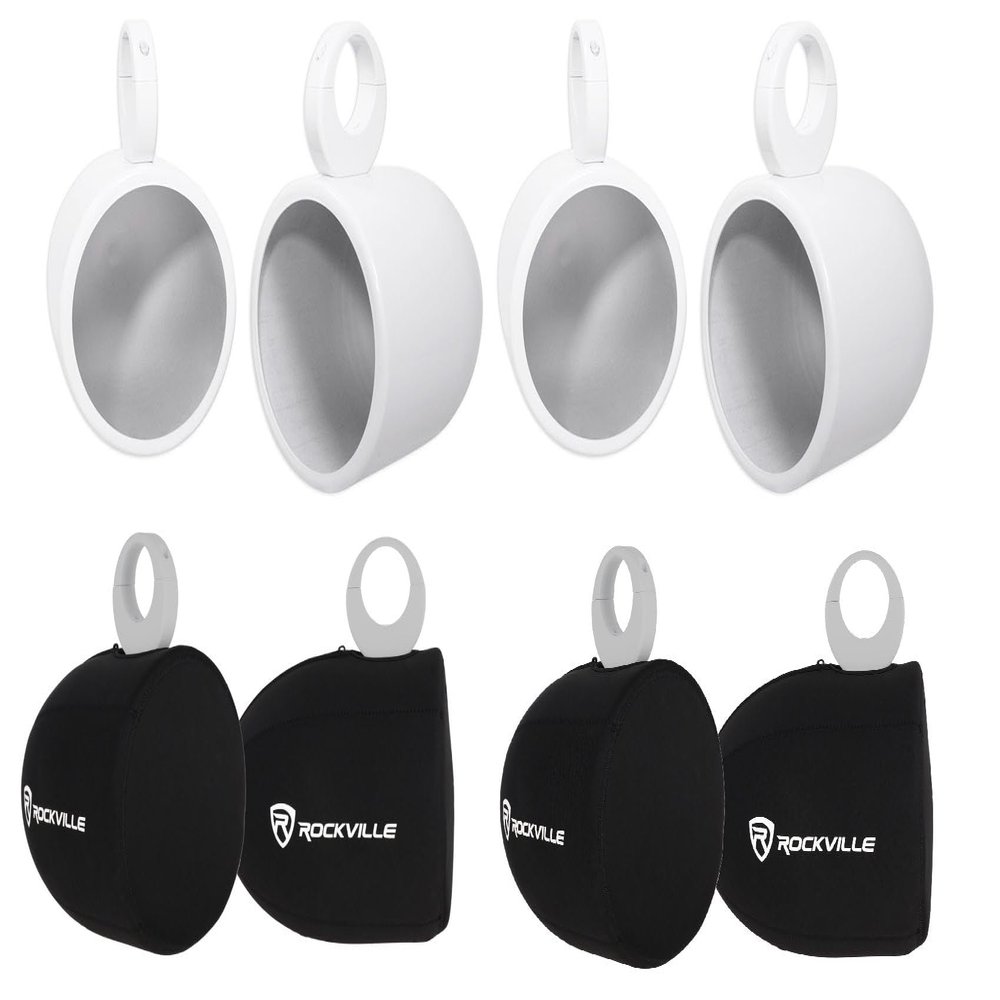 Rockville MAC90W Bundle: (4) 8 in White Aluminum Wakeboard Tower Speaker Pod Enclosures, (4) RWBC90 Neoprene Covers forTower Speakers, 8-Items
