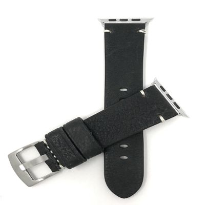 Bandini Replacement Watch Band for Apple Watch 42mm/44mm, Black, Vintage, Leather, Minimal Stitch, Stainless Steel Buckle, Fits Series 6, 5, 4, 3, 2, 1