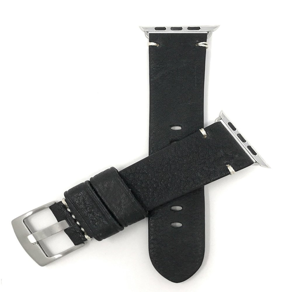 Bandini Replacement Watch Band for Apple Watch 42mm/44mm, Black, Vintage, Leather, Minimal Stitch, Stainless Steel Buckle, Fits Series 6, 5, 4, 3, 2, 1