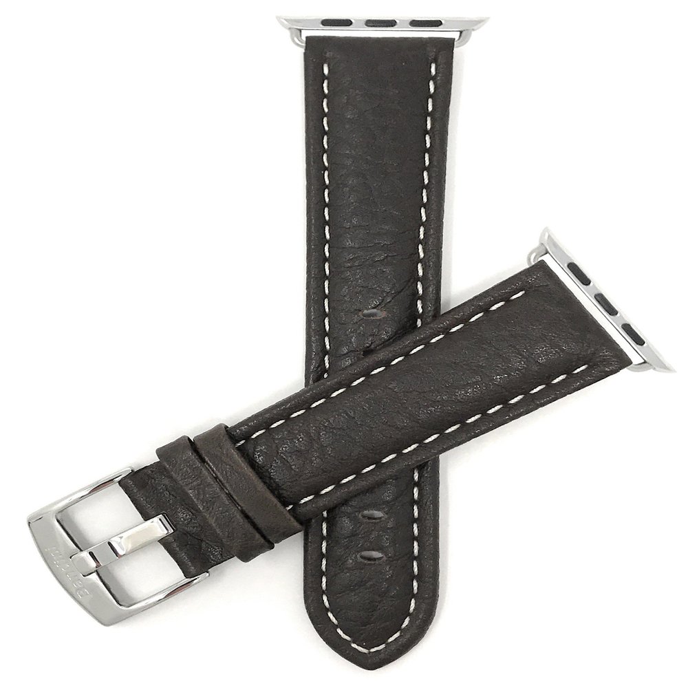 Bandini Replacement Watch Band for Apple Watch 38mm/40mm, Brown, Classic Leather Buffalo Pattern, White Stitching, Fits Series 6, 5, 4, 3, 2, 1