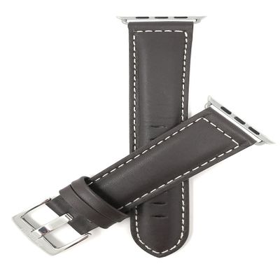 Bandini Replacement Watch Band for Apple Watch 42mm/44mm, Brown, Leather, Mat Finish, White Stitching, Stainless Steel Buckle, Fits Series 6, 5, 4, 3, 2, 1