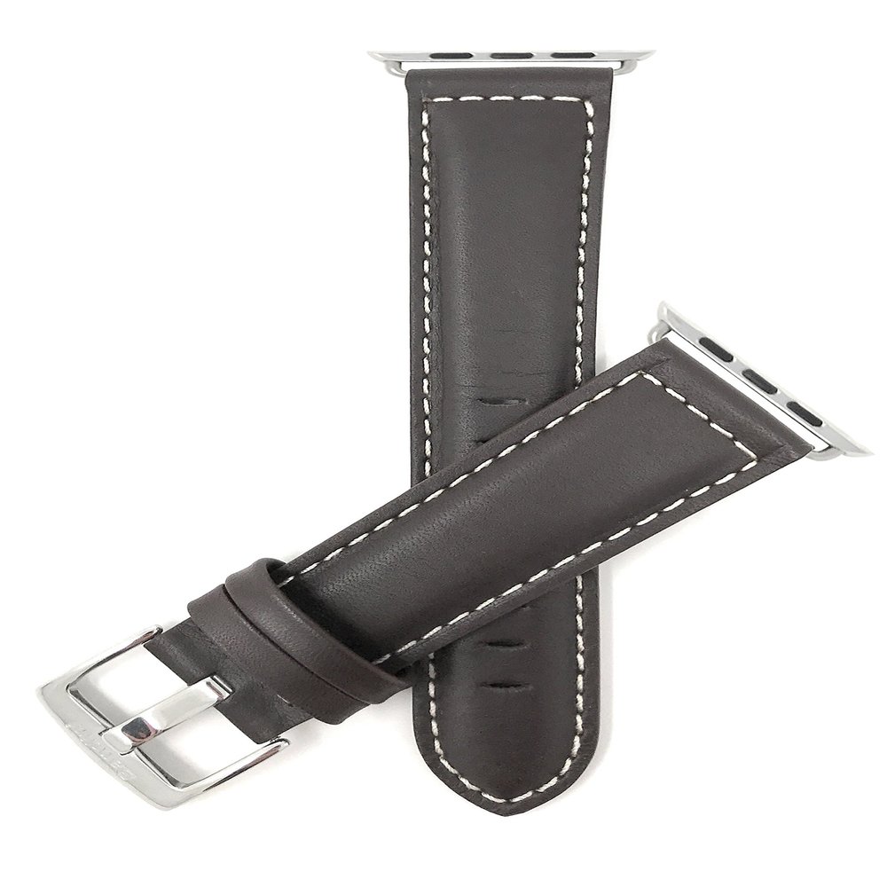 Bandini Replacement Watch Band for Apple Watch 42mm/44mm, Brown, Leather, Mat Finish, White Stitching, Stainless Steel Buckle, Fits Series 6, 5, 4, 3, 2, 1