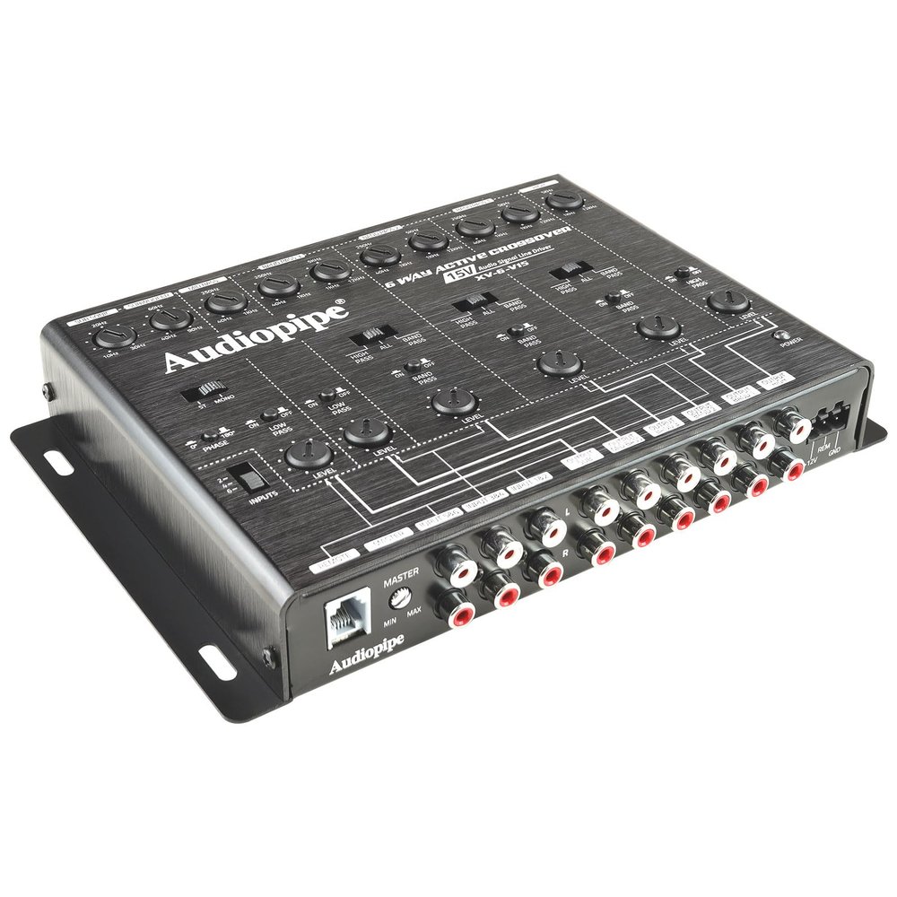 Audiopipe 6-Way Active Crossover (XV-6-V15), Multiplier Switch, Compact, Power LED Indicator, Subwoofer Bass Boost, Custom Installation, Remote Bass Knob