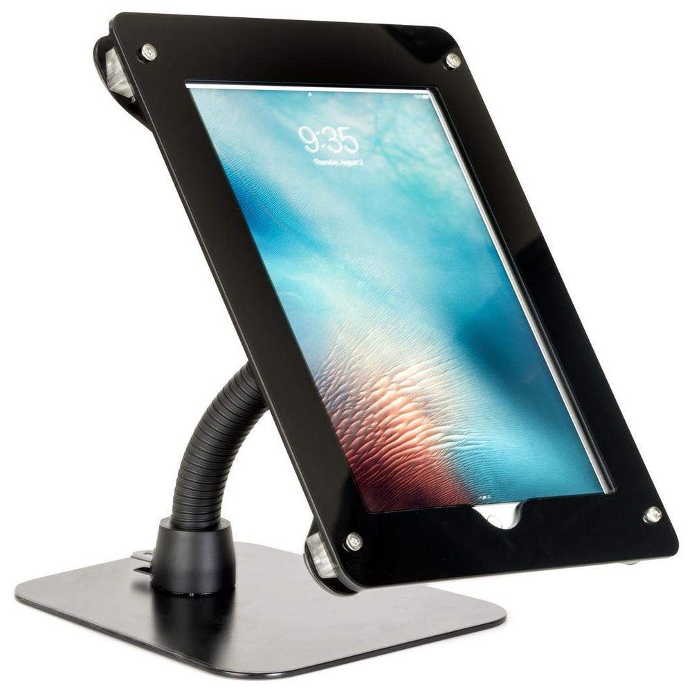 Displays2go Gooseneck Arm Tablet Counter Stands, Compatible with 12.9" iPad, Mounting Hardware and Weighted Base  Black (IPGOOAC12B)
