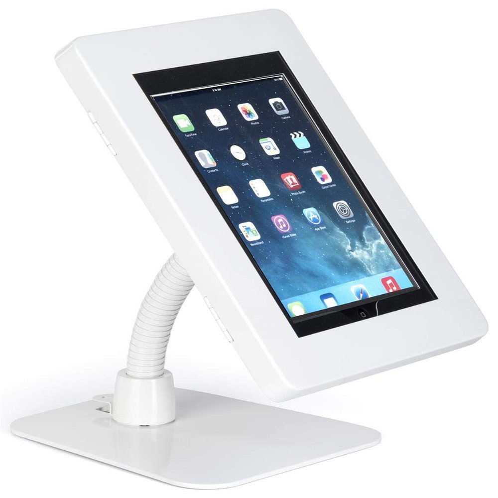 Displays2go Tablet Counter Stand Compatible w/iPad with Gooseneck Arm and Steel Enclosure White (IPGOOSTLWH)