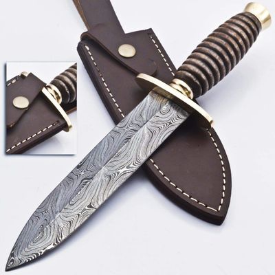 RARE CUSTOM BLOOD GROOVED DAMASCUS DAGGER KNIFE | WALNUT WOOD HANDLE