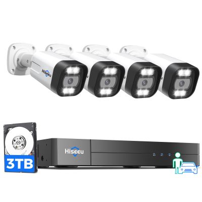 [3TB HDD] Hiseeu 4K PoE Security Camera System, 4 Pcs 5MP PoE IP Security Camera Outdoor Indoor, Human Vehicle Detect, 2 Way Audio, Color Night Vision, IP 66 Waterproof, 0 Monthly Fees, Remote Access