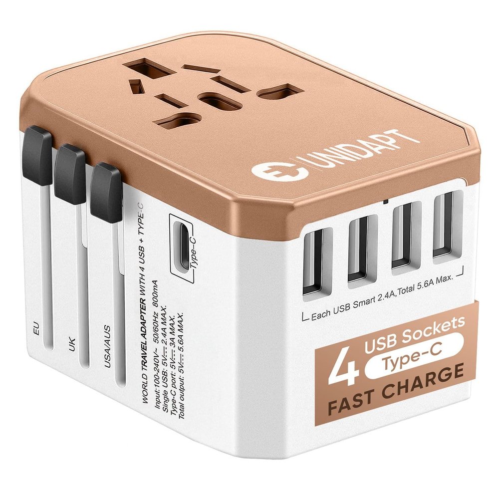 International Plug Adapter, Unidapt Travel Adapter Worldwide - All in one Universal Charger USB Travel Power Adaptor with 5 USB for EU AU UK USA - 160 Countries (Rose Gold)