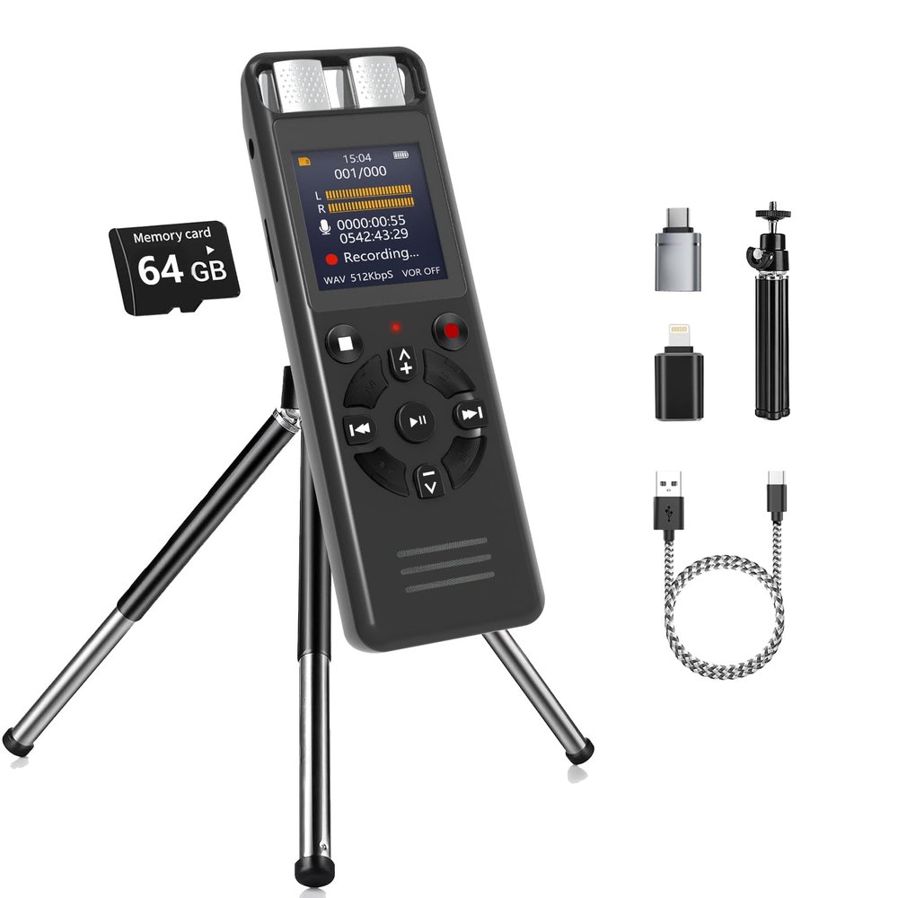 64GB Digital Voice Activated Recorder for Lectures&Meetings,Phone Connected via OTG,4640 Hours Audio Recorder with Tripod Stand,Recording Device with Playback,MP3 Player,Password,Variable Speed