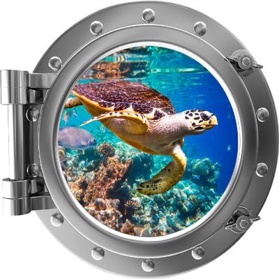 18 inch Port Scape Coral Reef Hawksbill Sea Turtle Porthole Silver Window Wall Decal Vinyl Sticker Ocean Fish Under Water Sea Life Beach Kids Room Decor