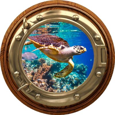18" Port Scape Coral Reef Hawksbill Sea Turtle Porthole BRASSWOOD 3D Window Wall Decal Vinyl Sticker Ocean Fish Under Water Sea Life Beach Kids Room Decor