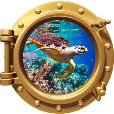 18" Port Scape Coral Reef Hawksbill Sea Turtle Porthole Bronze 3D Window Wall Decal Vinyl Sticker Ocean Fish Under Water Sea Life Beach Kids Room Decor