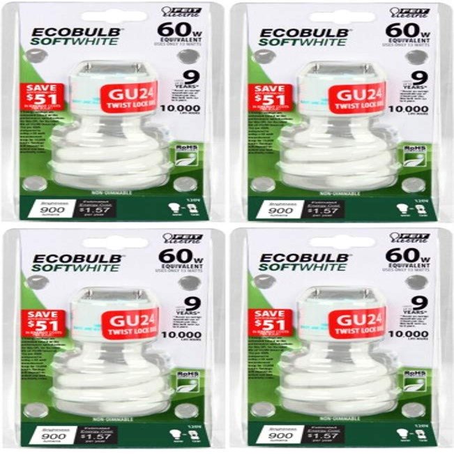 Feit Electric BPESL13T/GU24 Compact Fluorescent Lamp; 13 W; Spiral Lamp; GU24 Twist and Lock Lamp Base; 900 Lumens; Average Life Up To 10000 Hours; Pack of 4