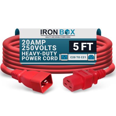 IronBox Electric - Heavy-Duty C20 to C21 Power Cable - 20A, 250V, 12/3 AWG - IEC 60320 Computer Power Supply Extension Cord - PSU Wire Connectors - UL Listed C20 Plug to C21 Connector (Red, 5 Foot)