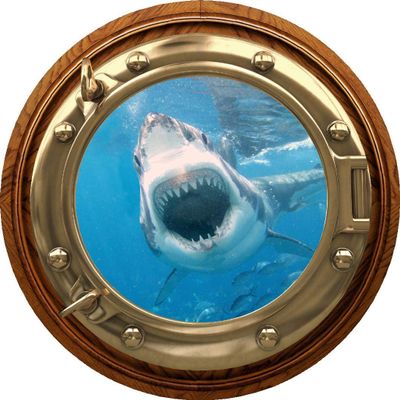 24" Port Scape Instant 3D Window Wall Sticker Great White Shark Attack BRASSWOOD Porthole Wall Decal Ocean Under Water Sea Life Fish Kids Bedroom Playroom Wall Art Room Decor Removable Fabric Vinyl