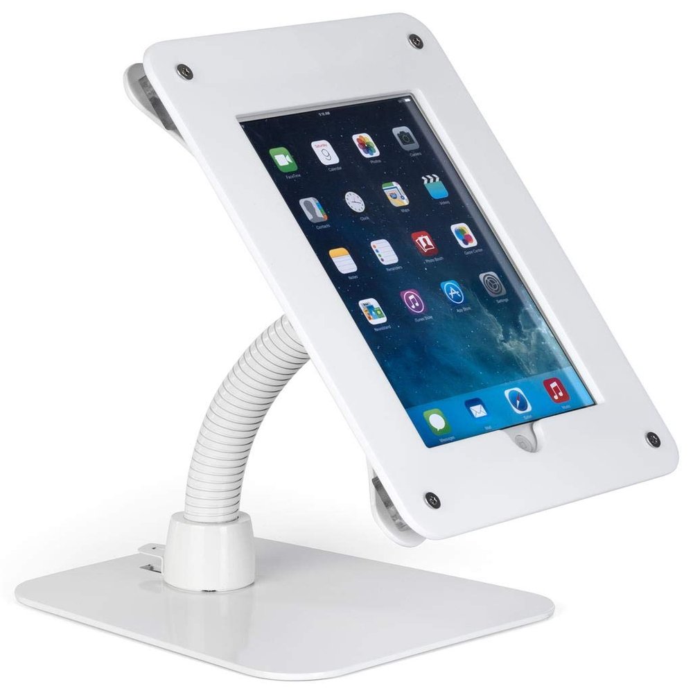 Displays2go Tablet Counter Stand Compatible w/iPad Pro 9.7" with Weighted Base, Gooseneck Arm, and Mounting Hardware White(IPGOOAC9W)