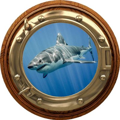 18" Porthole 3D Window Wall Decal Shark #4 Brasswood Port Scape Jaws Great White Megalodon Instant Under The Sea Water Ocean Fish Childrens Wall Art Kids Room Nursery Decor Removable Fabric Vinyl