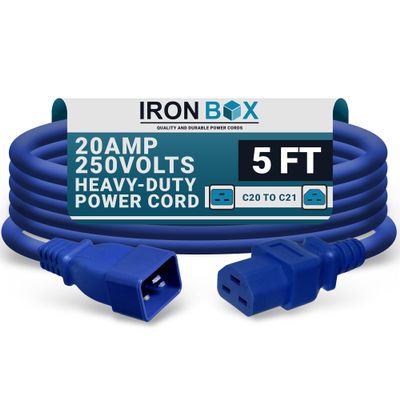 IronBox Electric - Heavy-Duty C20 to C21 Power Cable - 20A, 250V, 12/3 AWG - IEC 60320 Computer Power Supply Extension Cord - PSU Wire Connectors - UL Listed C20 Plug to C21 Connector (Blue, 5 Foot)