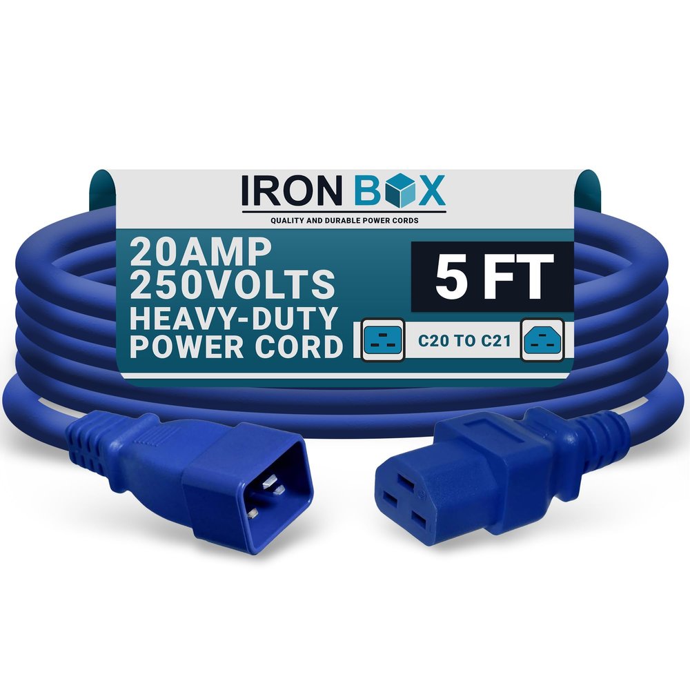 IronBox Electric - Heavy-Duty C20 to C21 Power Cable - 20A, 250V, 12/3 AWG - IEC 60320 Computer Power Supply Extension Cord - PSU Wire Connectors - UL Listed C20 Plug to C21 Connector (Blue, 5 Foot)