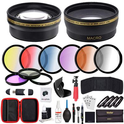 Deco Gear 52mm Lens Accessory Kit - Includes 6pc Graduated Color, 4pc HD Macro Close-Up, UV, Polarizer, FLD Filter Sets and Lens Hood + Cases and Cleaning Kit