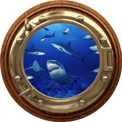 24" Porthole Window Wall Sticker Shark Frenzy Brasswood Port Scape Decal Under The Sea Ocean Sea Life Sharks Peel and Stick Kids Bedroom Decor Wall Art Removable Fabric Vinyl