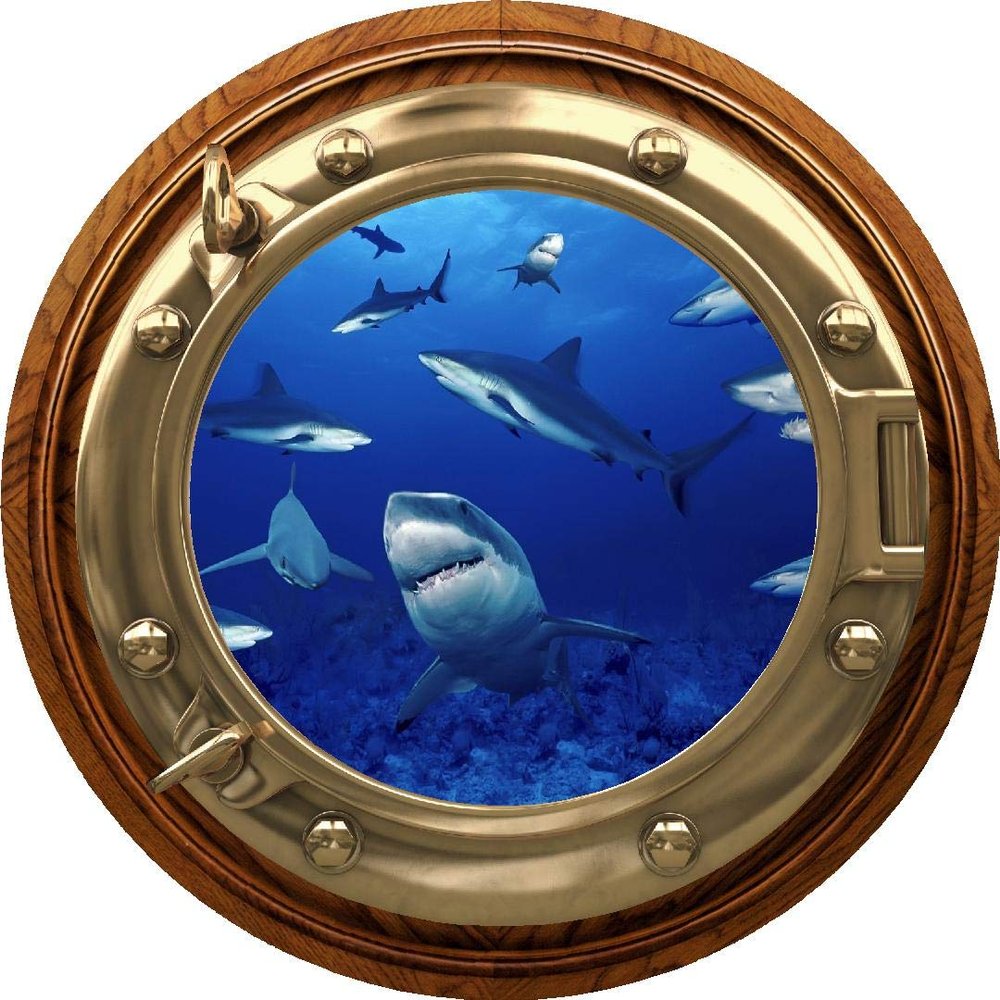 24" Porthole Window Wall Sticker Shark Frenzy Brasswood Port Scape Decal Under The Sea Ocean Sea Life Sharks Peel and Stick Kids Bedroom Decor Wall Art Removable Fabric Vinyl