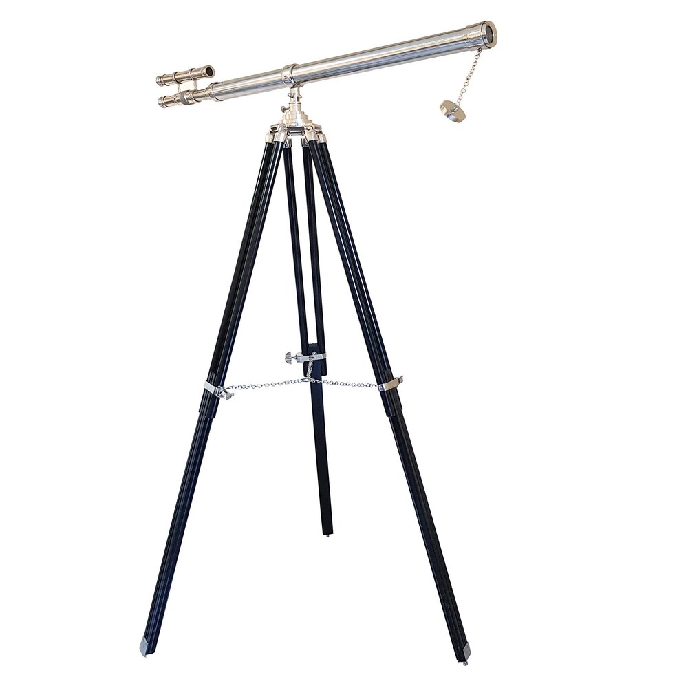 Decorative Double Barrel Marine Telescope Floor Standing Nickel Silver Finish with Black Tripod | Nautical Navy Style Collectible for Home Office Decor