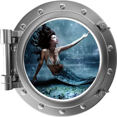 12 inch Porthole Window Wall Sticker Mermaid 2 Silver Port Scape Decal Ocean Mythical Fantasy Deep Sea Aquatic Fish Kids Room Decor