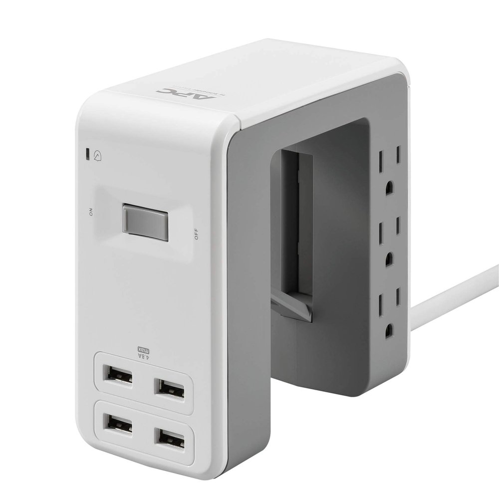 APC Desk Mount Power Station PE6U4W, U-Shaped Surge Protector with USB Ports (4), Desk Clamp, 6 Outlet, 1080 Joules , White