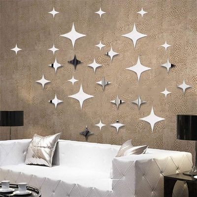 3D Star DIY Mirror Wall Stickers, Acrylic Art Decor Wall Sticker Murals, Children's Room Nursery Fashion Design Crystal Art Decals Home Bedroom Ceiling Bathroom TV Background Decoration (Silver)