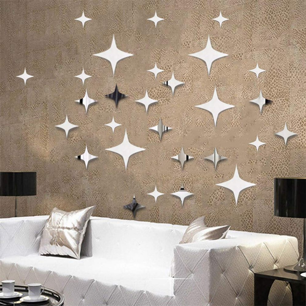 3D Star DIY Mirror Wall Stickers, Acrylic Art Decor Wall Sticker Murals, Children's Room Nursery Fashion Design Crystal Art Decals Home Bedroom Ceiling Bathroom TV Background Decoration (Silver)
