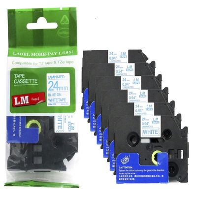 6/Pack LM Tapes - LMe-253 Premium 1" Blue Print on White Label Compatible with Brother TZe-253 P-Touch and Includes Tape Color/Size Guide. Replaces TZ253 24mm 0.94 Laminated