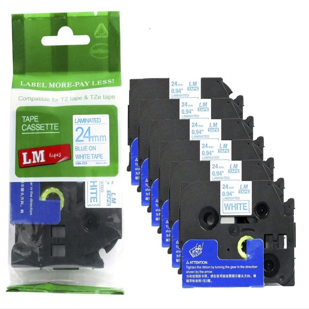 6/Pack LM Tapes - LMe-253 Premium 1" Blue Print on White Label Compatible with Brother TZe-253 P-Touch and Includes Tape Color/Size Guide. Replaces TZ253 24mm 0.94 Laminated
