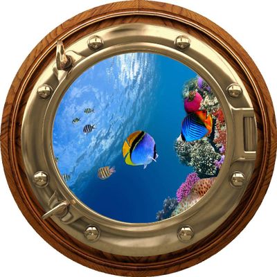 24" Porthole Window Wall Decal Sticker Tropical Reef Life #2 Brass Wood Sea Ocean 3D Port Scape Removable Vinyl Peel and Stick Wall Mural for Children