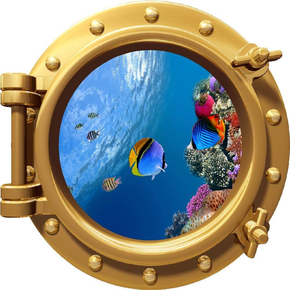 18" Porthole Window Wall Decal Sticker Tropical Reef Life #2 Bronze Sea Ocean 3D Port Scape Removable Vinyl Peel and Stick Wall Mural for Children