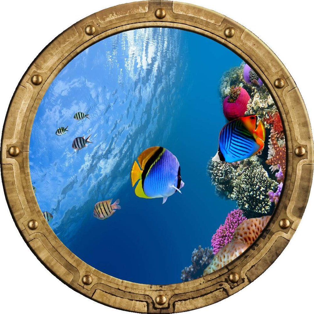 24" Porthole Window Wall Decal Sticker Tropical Reef Life #2 Rustic Sea Ocean 3D Port Scape Removable Vinyl Peel and Stick Wall Mural for Children
