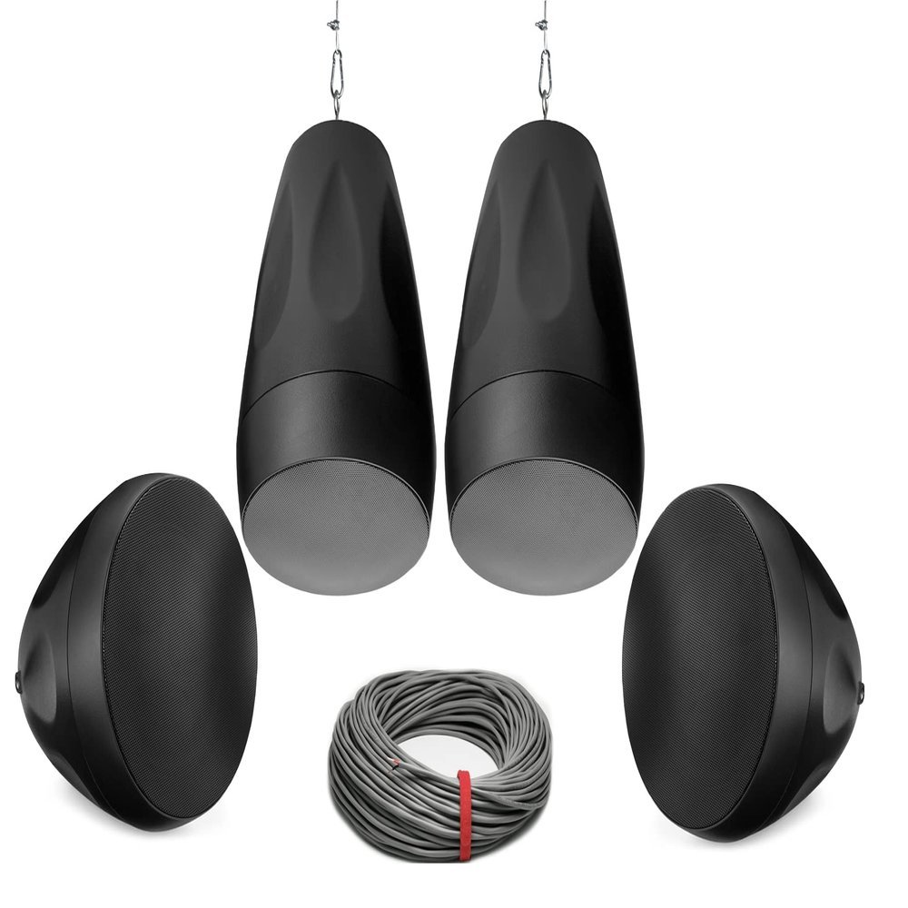 Pure Resonance Audio PD6 6.5" Weather-Resistant Pendant Speakers with Installation Wire - (4 Speakers, Black)