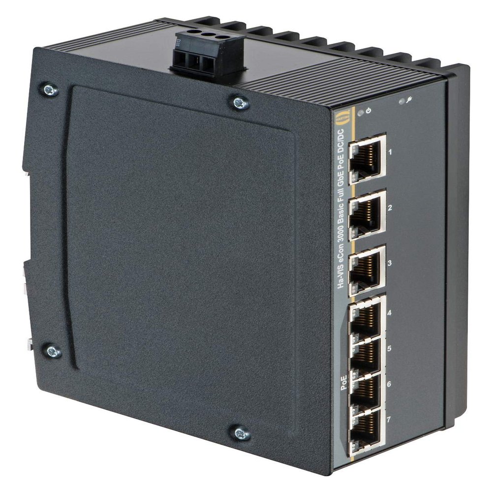 HARTING 24035070020 Switch, Ha-VIS eCon 3000, 7 Ports, Industrial, Unmanaged PoE Gigabit Ethernet, DIN Rail, RJ45 x 7