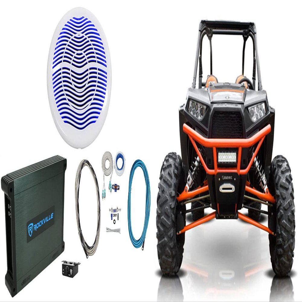 Rockville MS10LW Bundle: 10-in 2400 Watt White Marine Free Air Subwoofer with LED, DBM12 2000 Watt 2 Ohm Marine Mono Amplifier, RMWK4 4 AWG Waterproof Amp Kit for RZR/ATV/UTV/Cart, 3-Items