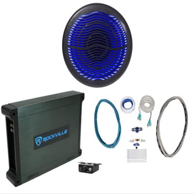 Rockville MS10LB Bundle: 10-in 2400-Watt Black Marine Free Air Subwoofer with LEDs, dBM12 500-Watt RMS Class-D Mono 2 Ohm Marine Amplifier, RMWK4 4-Gauge Waterproof Amp Wiring Kit, 3-Items