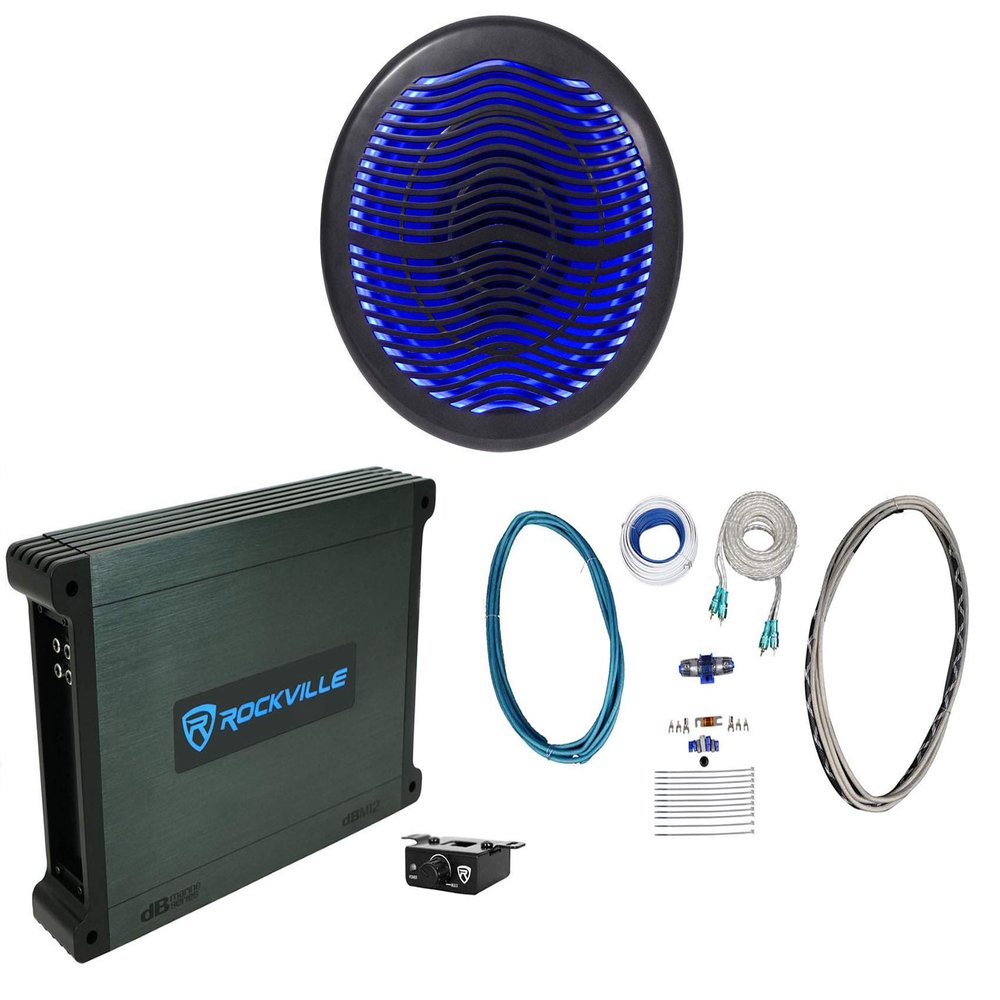 Rockville MS10LB Bundle: 10-in 2400-Watt Black Marine Free Air Subwoofer with LEDs, dBM12 500-Watt RMS Class-D Mono 2 Ohm Marine Amplifier, RMWK4 4-Gauge Waterproof Amp Wiring Kit, 3-Items