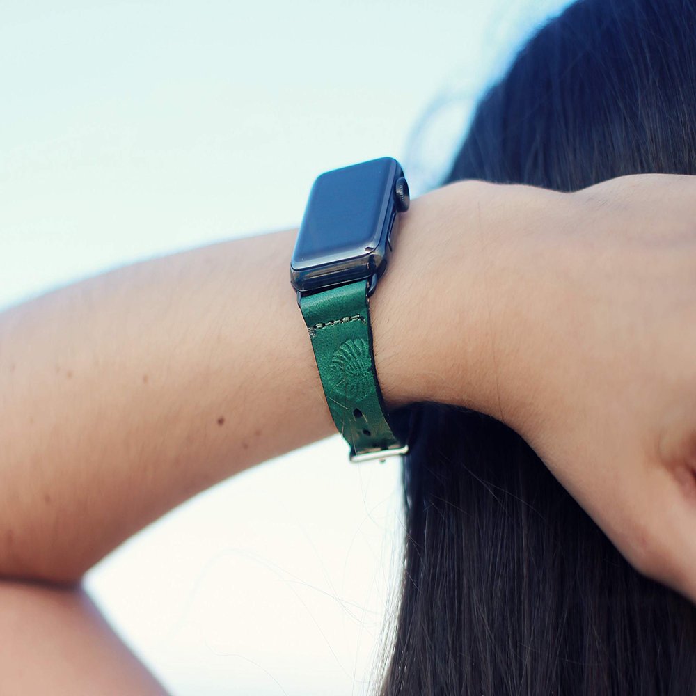 iwatch Leather Apple Watch band, for 38 40 42 44 mm iwatch band, boho Green Monstera Palm leaves, Custom made to Order