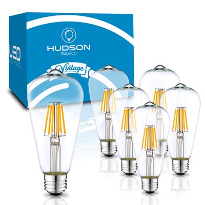 Hudson Bulb Co. Vintage Edison LED Light Bulbs, 6W, E26/E27 Base, Dimmable 60W Equivalent, 4000K Daylight White Lights, ST58 Style Set for Home, Kitchen, Indoor and Outdoor Use - 6 Pack