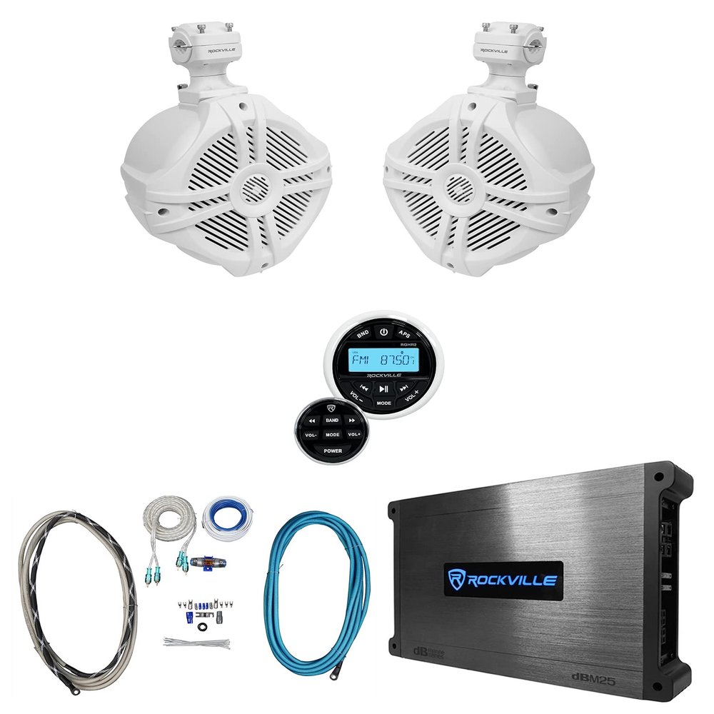Rockville RWB70W Bundle: (2) 6.5" 250-Watt Tower Speakers, RGHR2 Gauge-Hole Bluetooth Receiver, DBM25 1500-Watt Peak/370-Watt RMS Marine Amplifier, RMWK4 4-Gauge Amp Install Kit, 5-Items