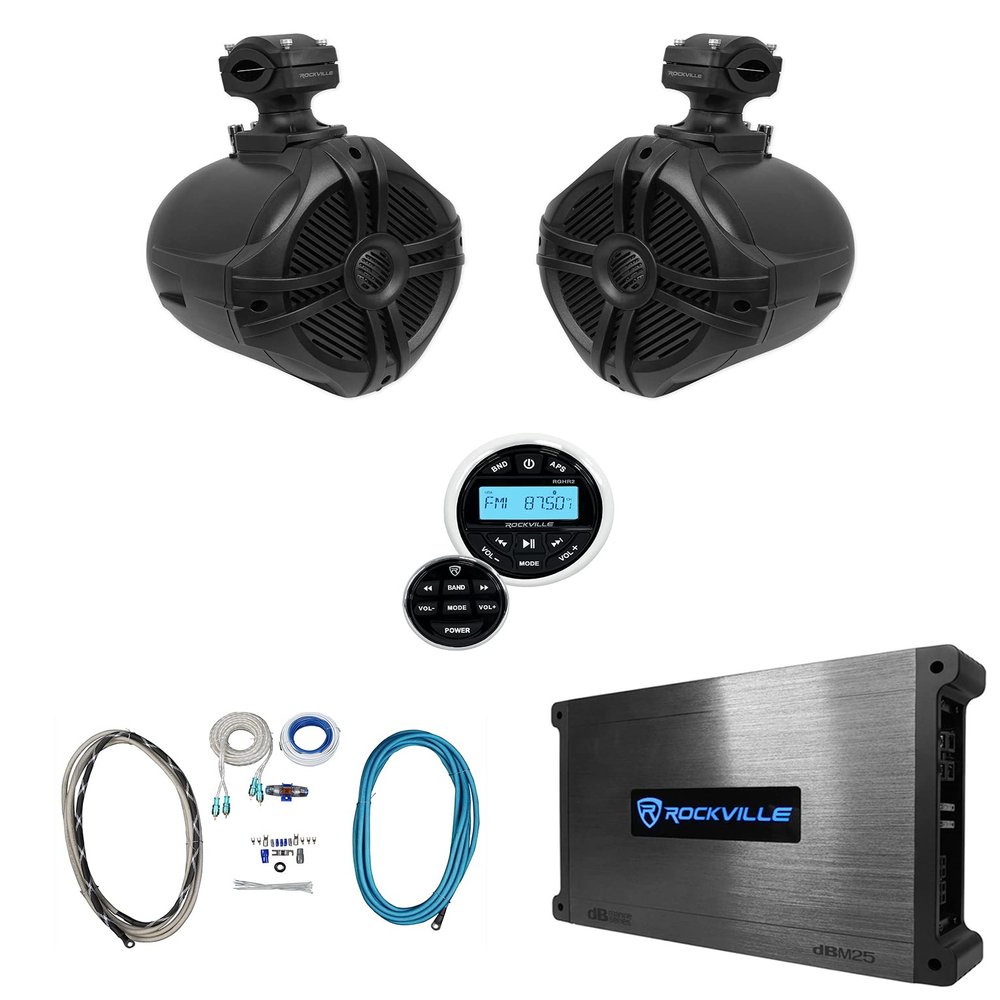 Rockville RWB70B Bundle: (2) 6.5" 250-Watt Marine Tower Speakers, RGHR2 Gauge-Hole Bluetooth Receiver, DBM25 1500-Watt Peak/370-Watt RMS Marine Amplifier, RMWK4 4-Gauge Amp Install Kit, 5-Items